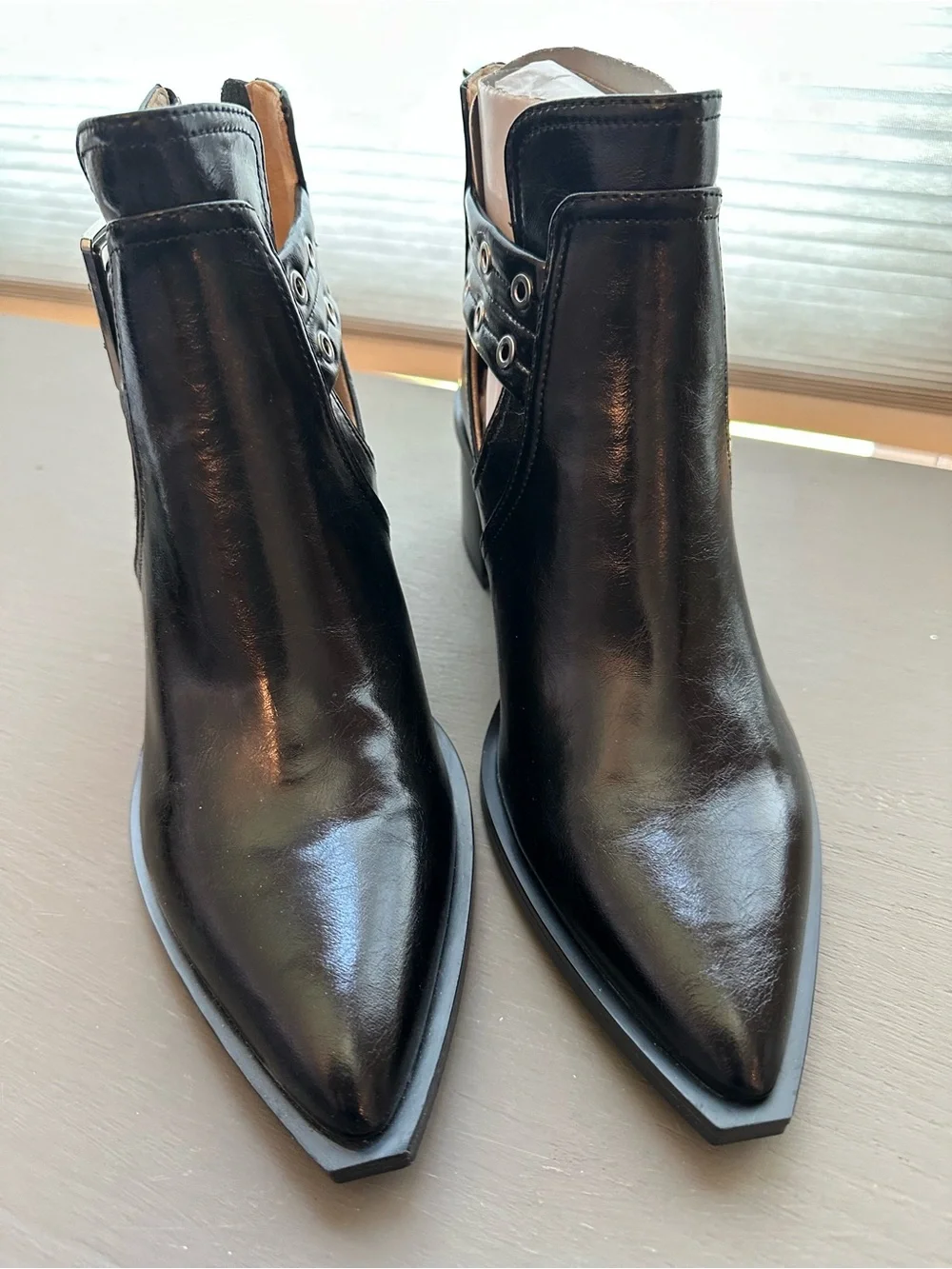 Steve Madden “Gatewood” Black Leather Cutout Ankle Booties with Buckle Straps